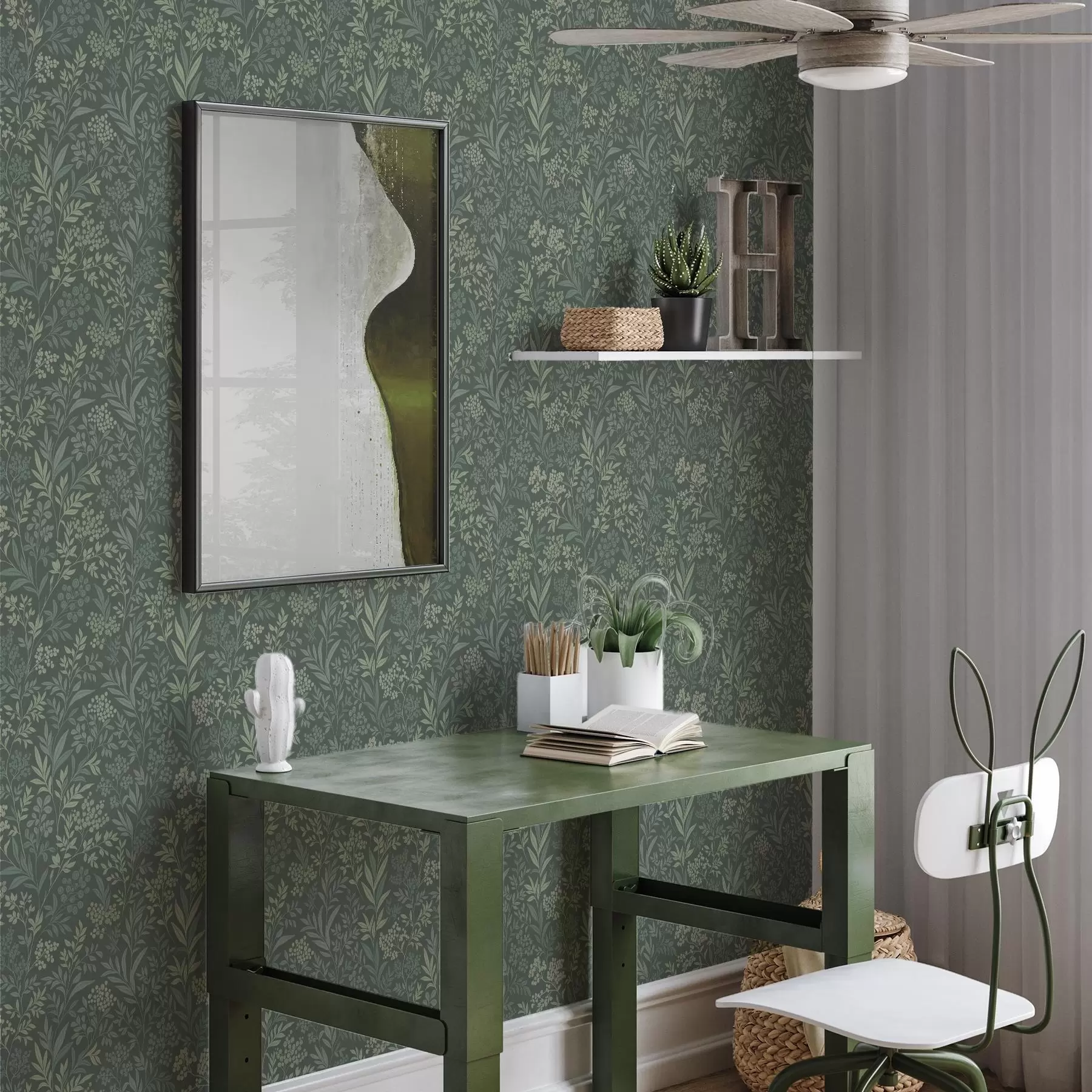 stenske poslikave Smaragdno zelena trava in jagode, fin botanični vzorec a00740