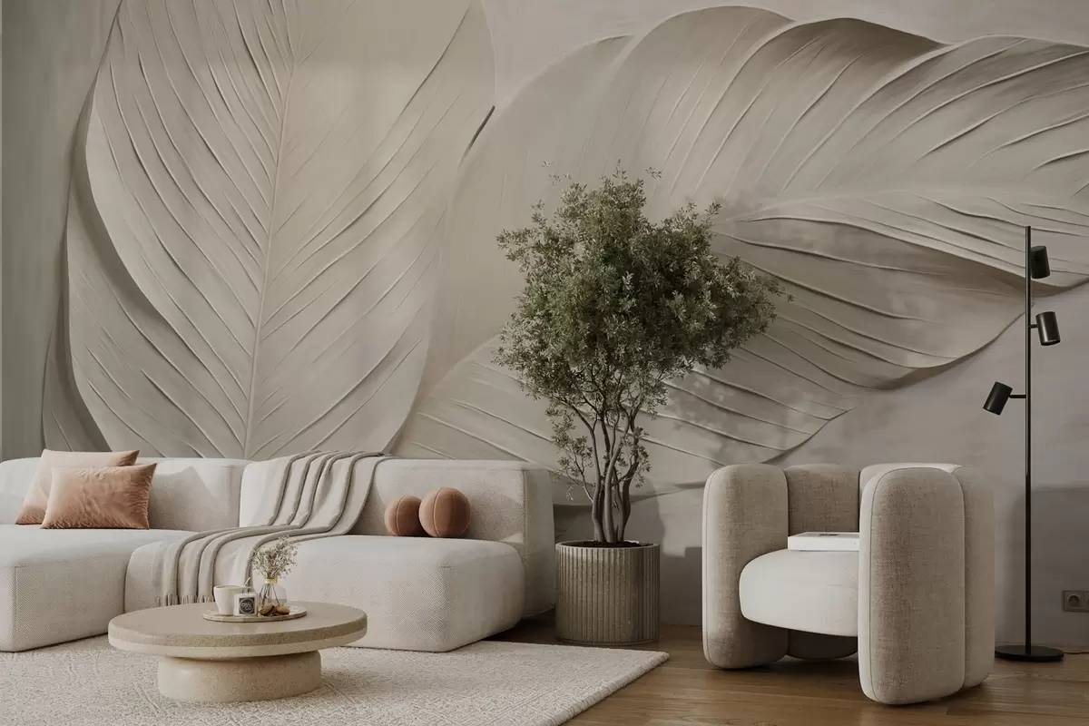 stenske poslikave Reliefni bež listi z mehkimi sencami w04614