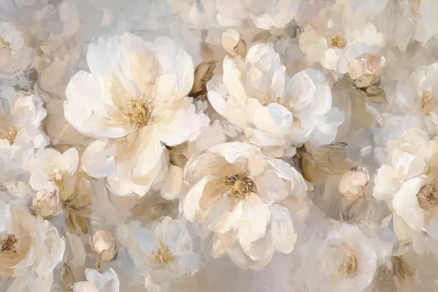 stenske poslikave velike cvetlice v belih in bež barvah v slogu oljnega slikarstva w04633