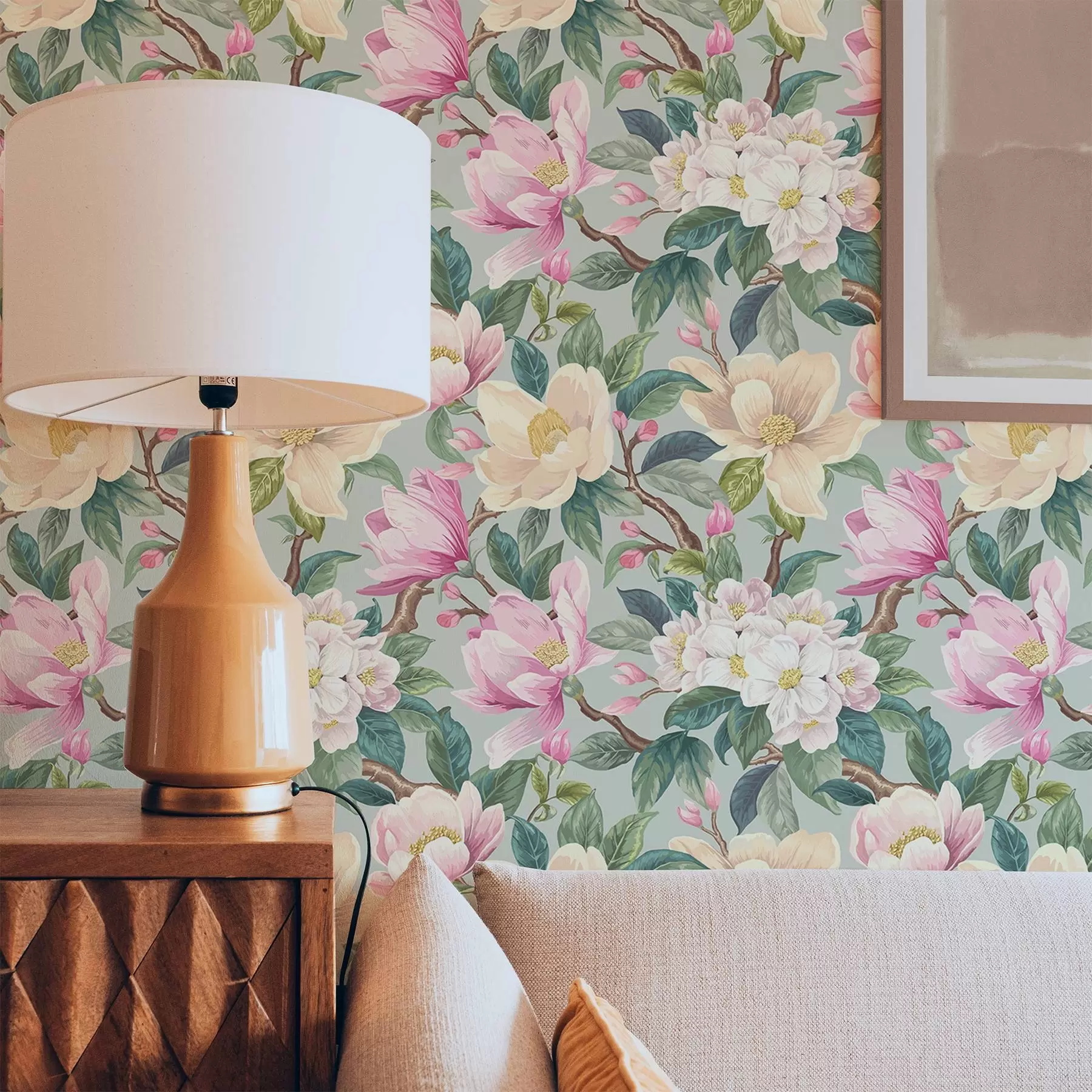 stenske poslikave Magnolije in beli cvetovi na mint-sivi podlagi a00644