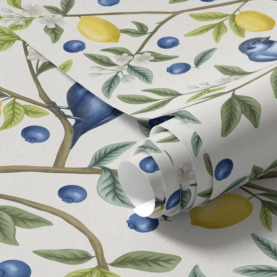 stenske poslikave Modre ptice, limone in jagode na belem ozadju a00668