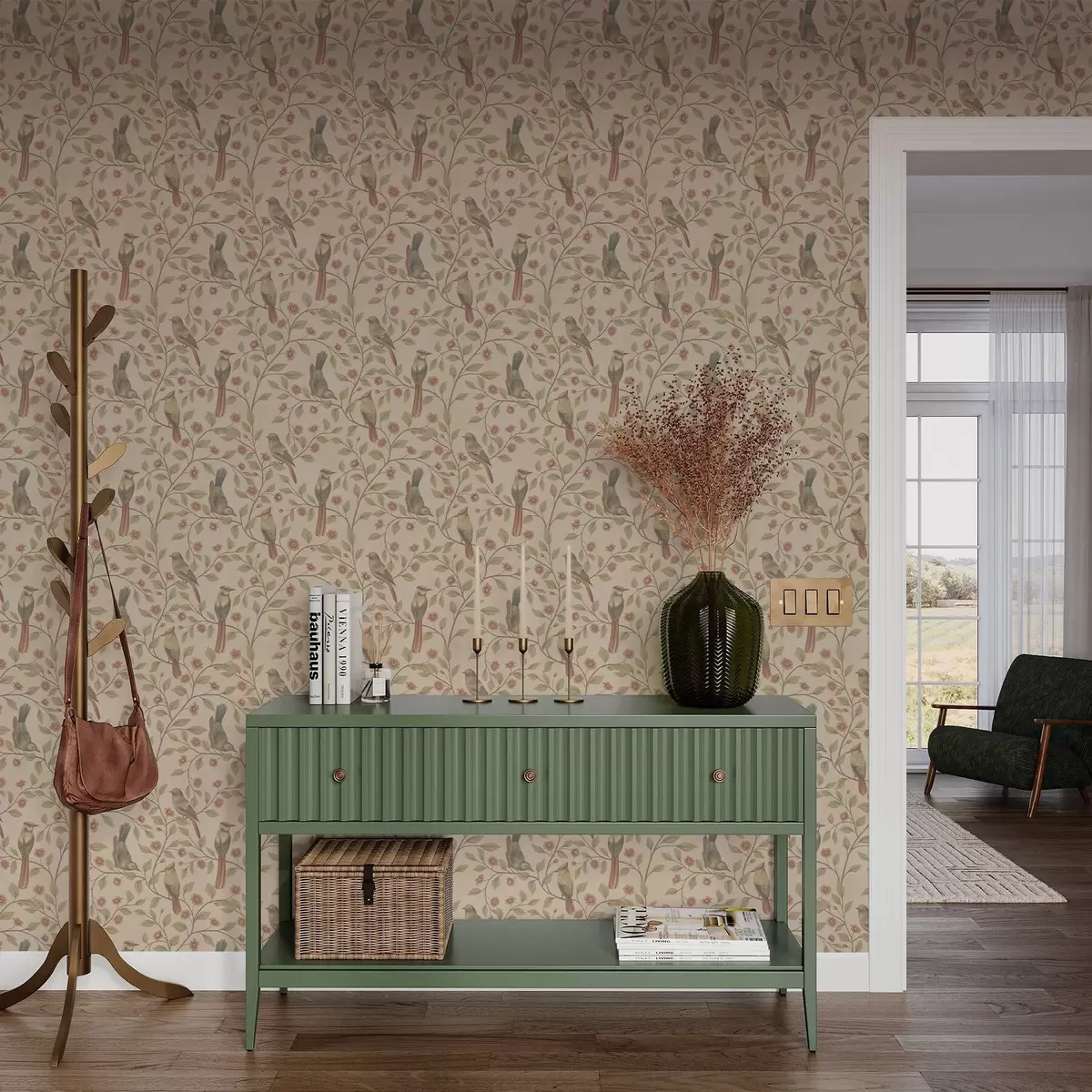 Ozadje Ptice na cvetočih vejah, toplo bež ozadje a00670 Ozadje Ptice na cvetočih vejah, toplo bež ozadje a00670