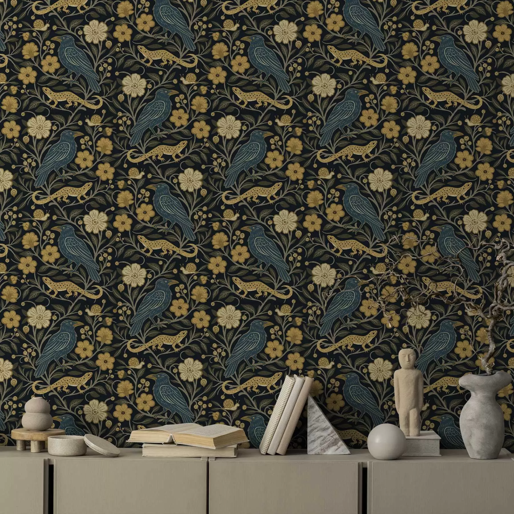 stenske poslikave Ptice, kuščarji in polži med cvetovi na temnem ozadju a00691