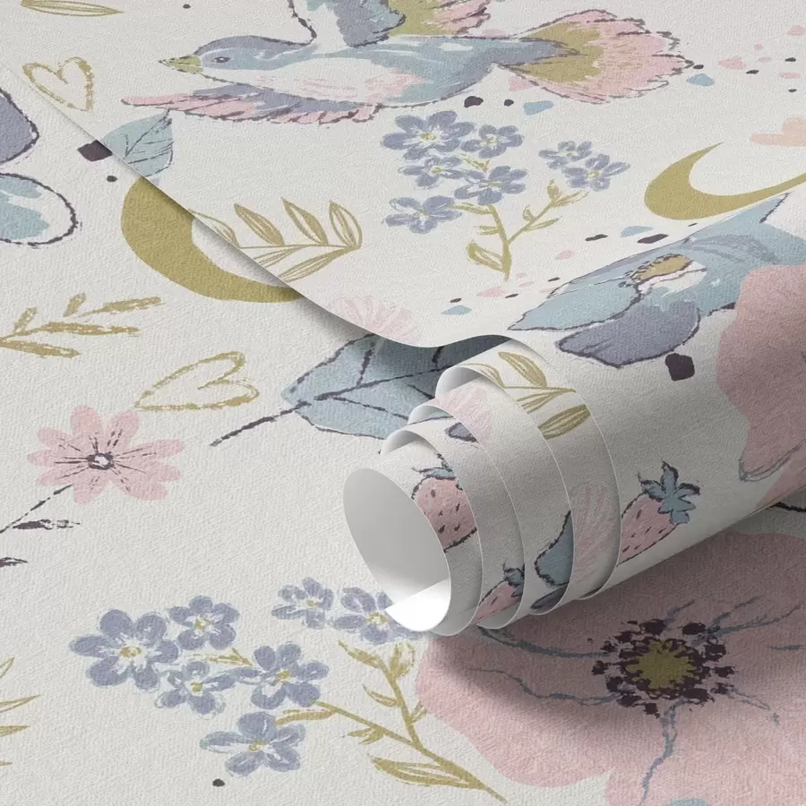 stenske poslikave Pastelne ptice in cvetje s polno luno na belem ozadju a00721