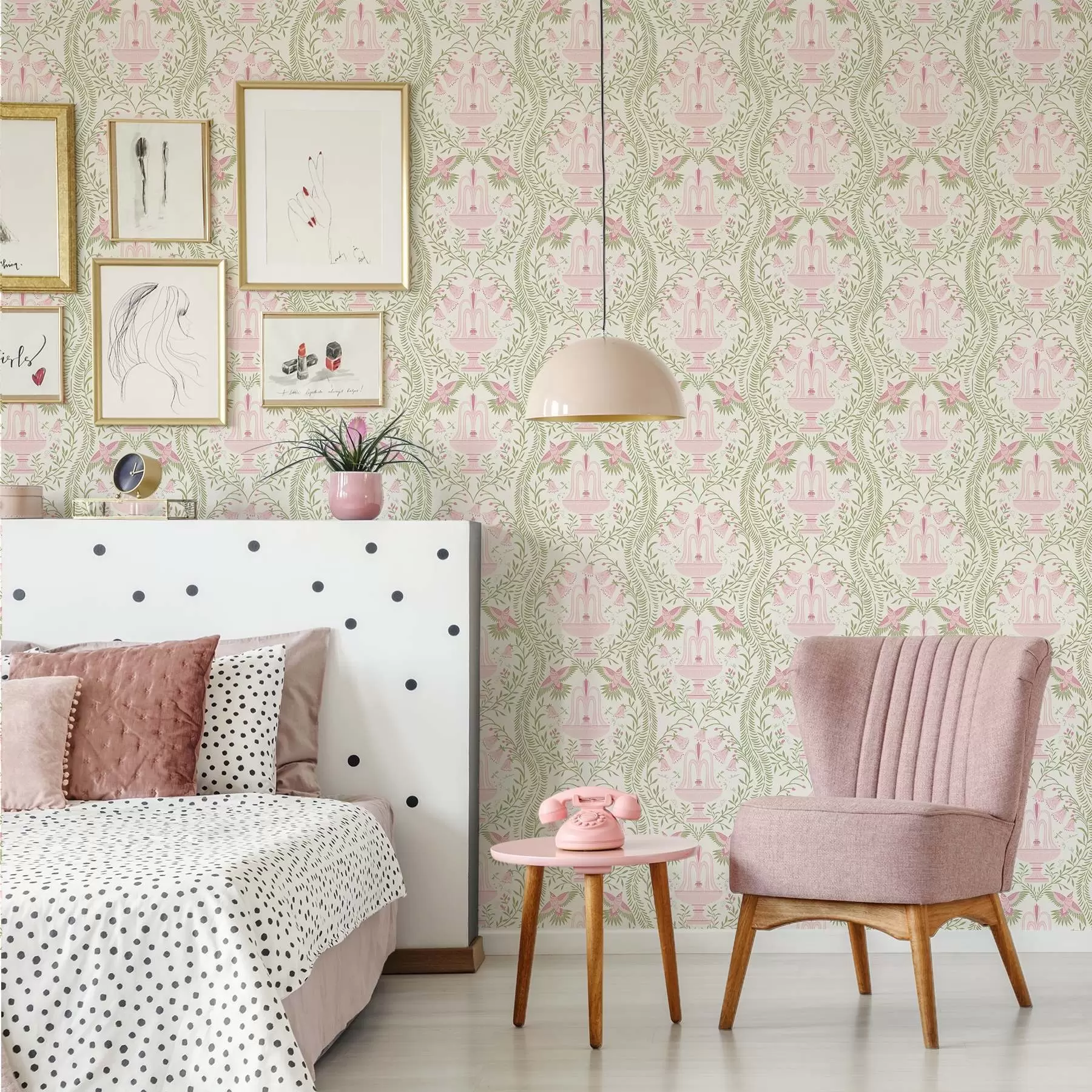 stenske poslikave Vodnjaki, kolibriji in zelene pergamentne zvitke na svetlem ozadju a00723