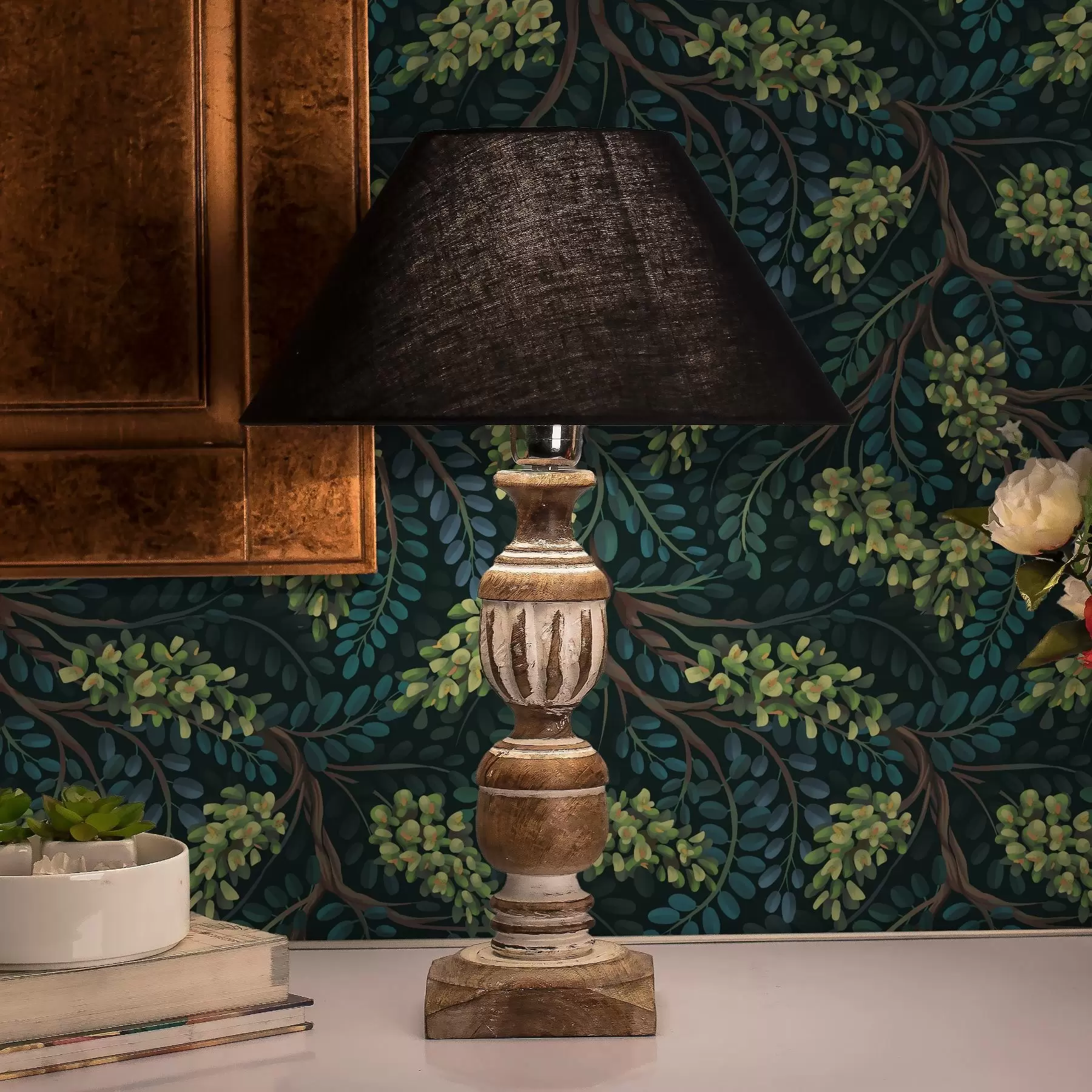 stenske poslikave Vejice z zelenkastimi socvetji na temnem ozadju a00786