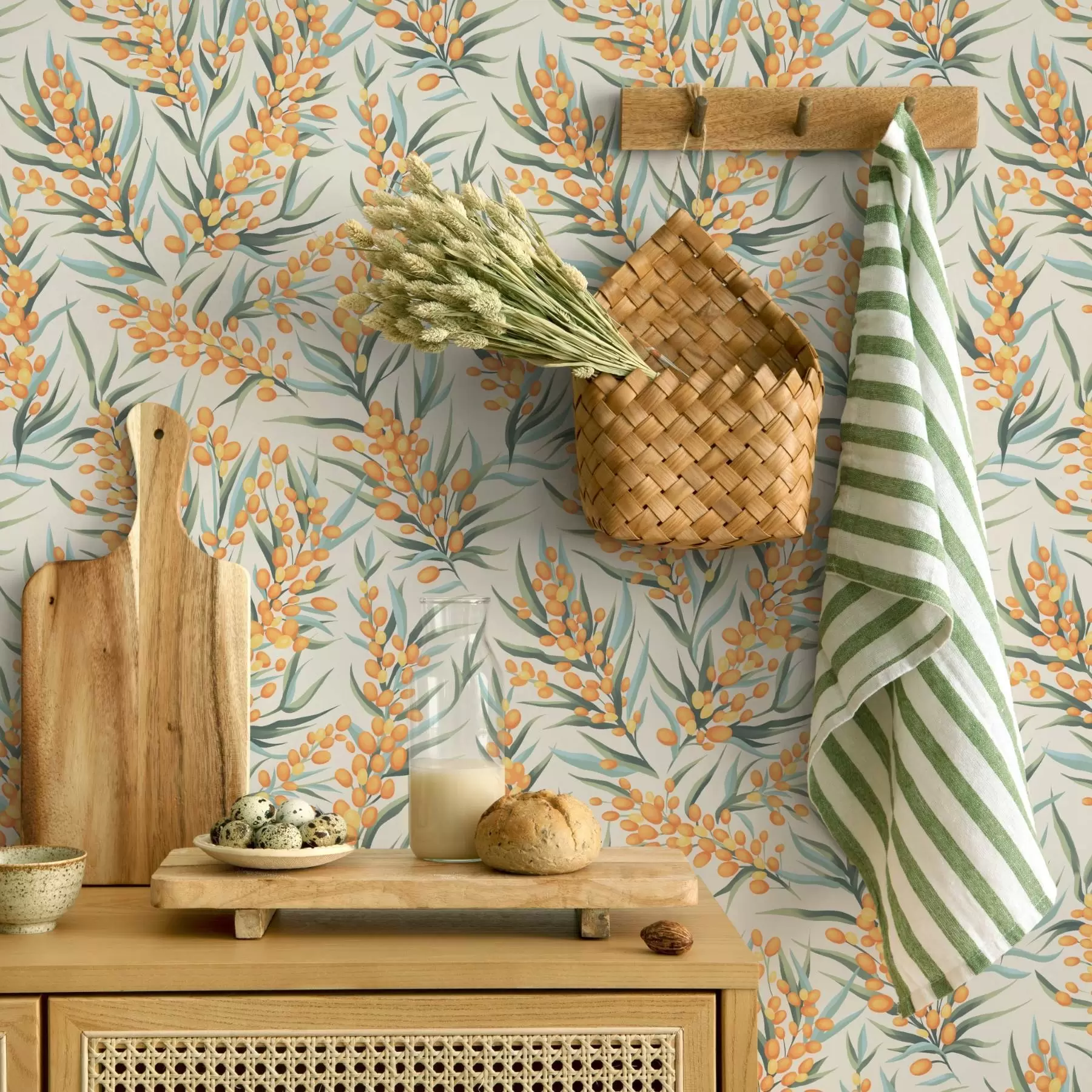 stenske poslikave Veje rakitovca z oranžnimi jagodami, svetlo ozadje a00792