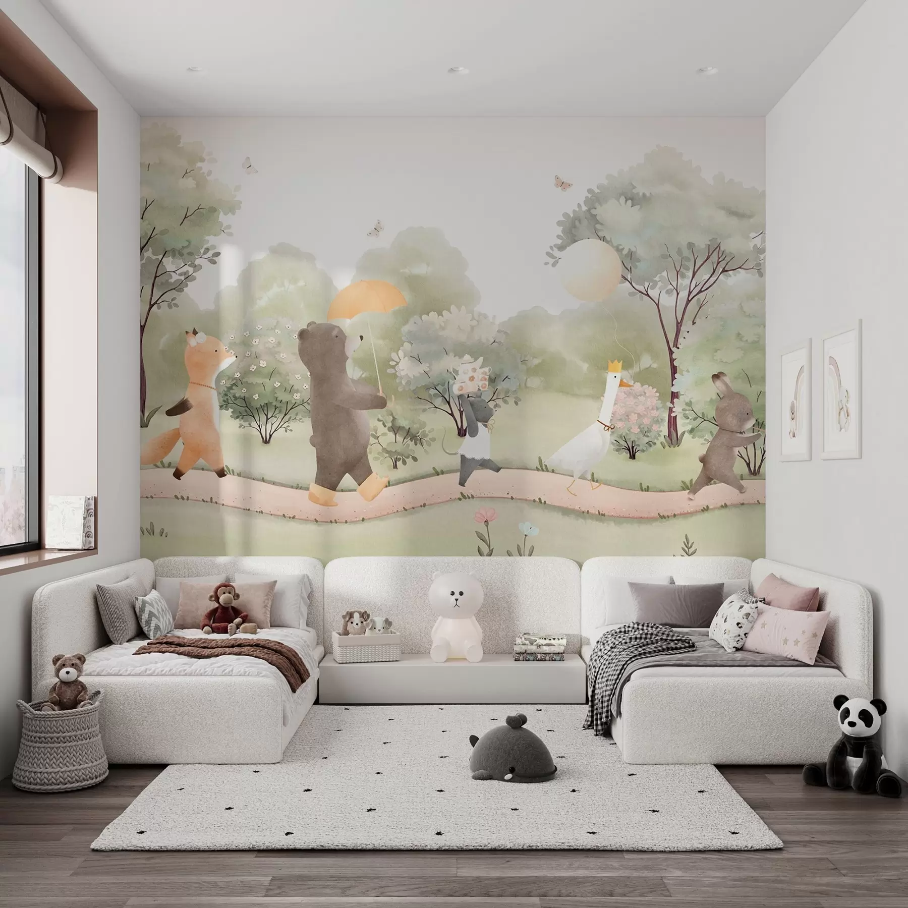 stenske poslikave Praznično potovanje majhnih živali skozi gozd v akvarelnem slogu w09440