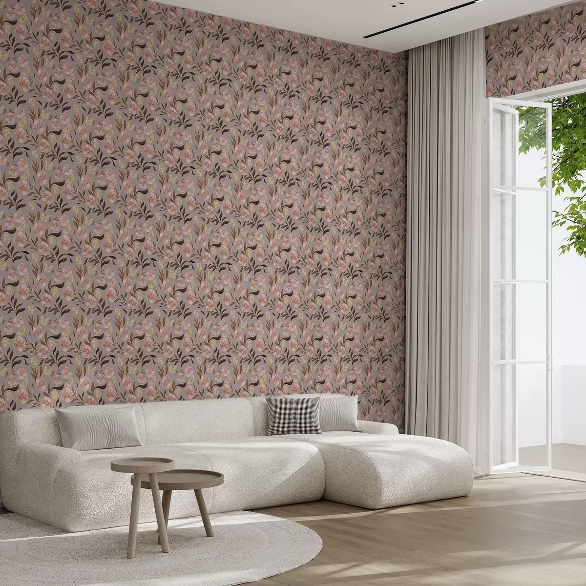 Ozadje Rožnate cvetlice in metulji na sivo-bežnem ozadju a00633