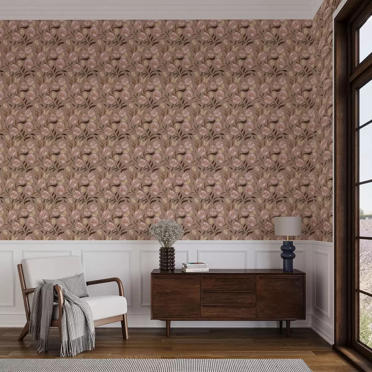 Ozadje Rožnate cvetlice in metulji na topli rjavi podlagi a00633v1