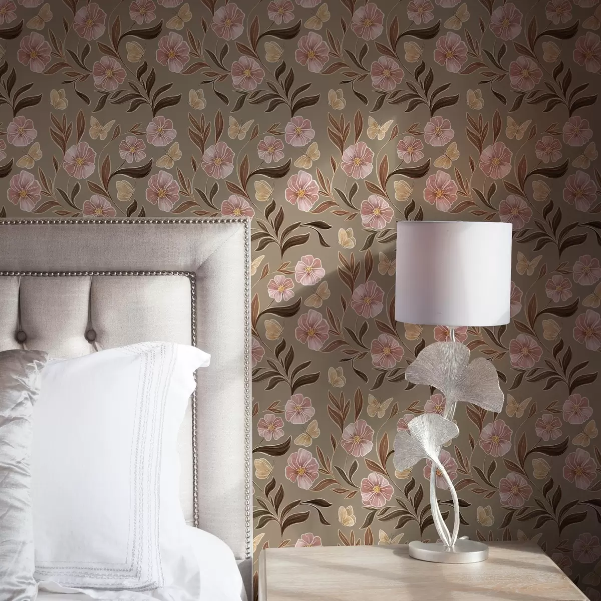 Ozadje Rožnate cvetlice in metulji na olivno-bežnem ozadju a00633v2 Ozadje Rožnate cvetlice in metulji na olivno-bežnem ozadju a00633v2