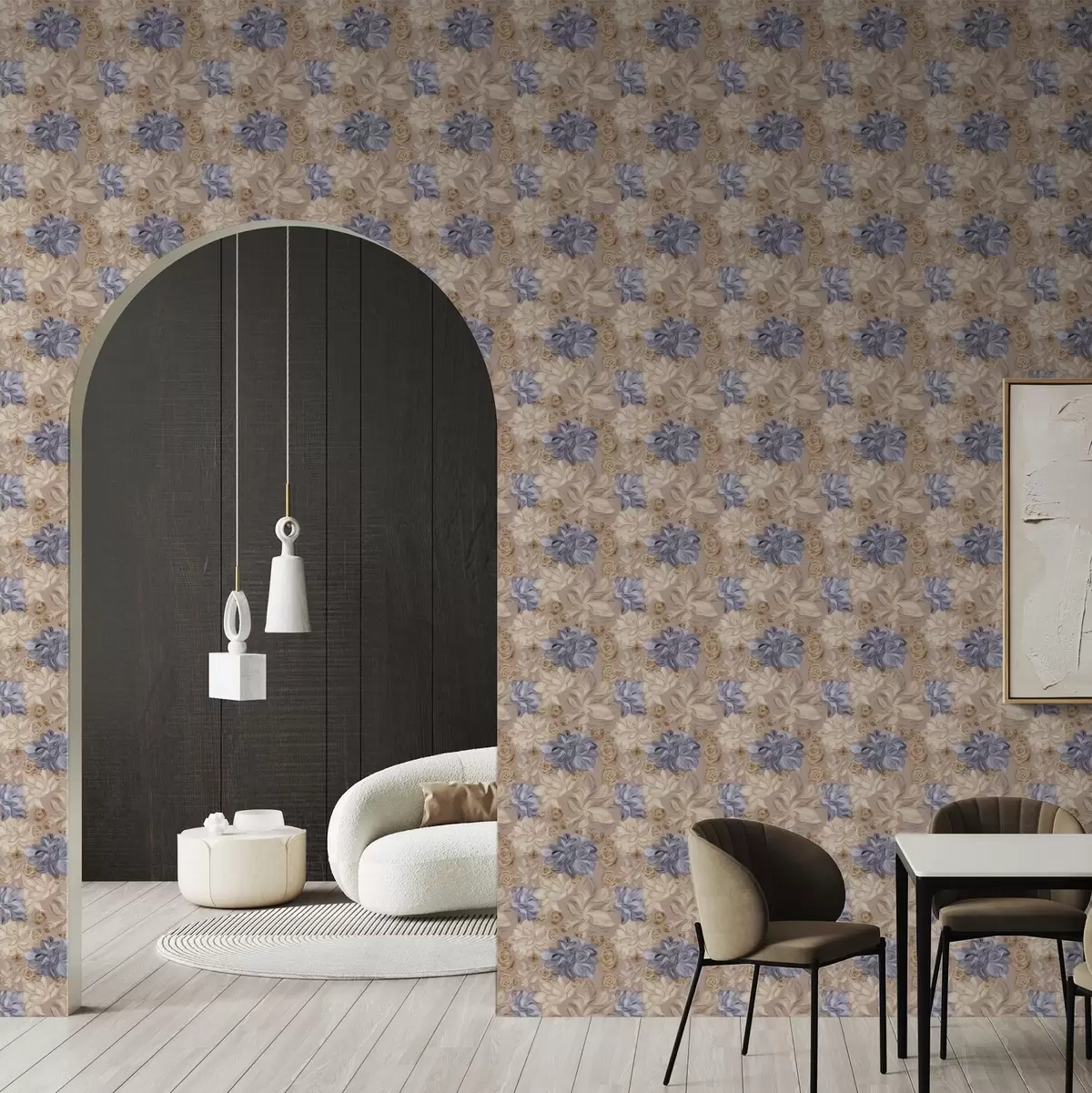 Ozadje Bujna krema in modri cvetovi v pastelnih barvah a00634