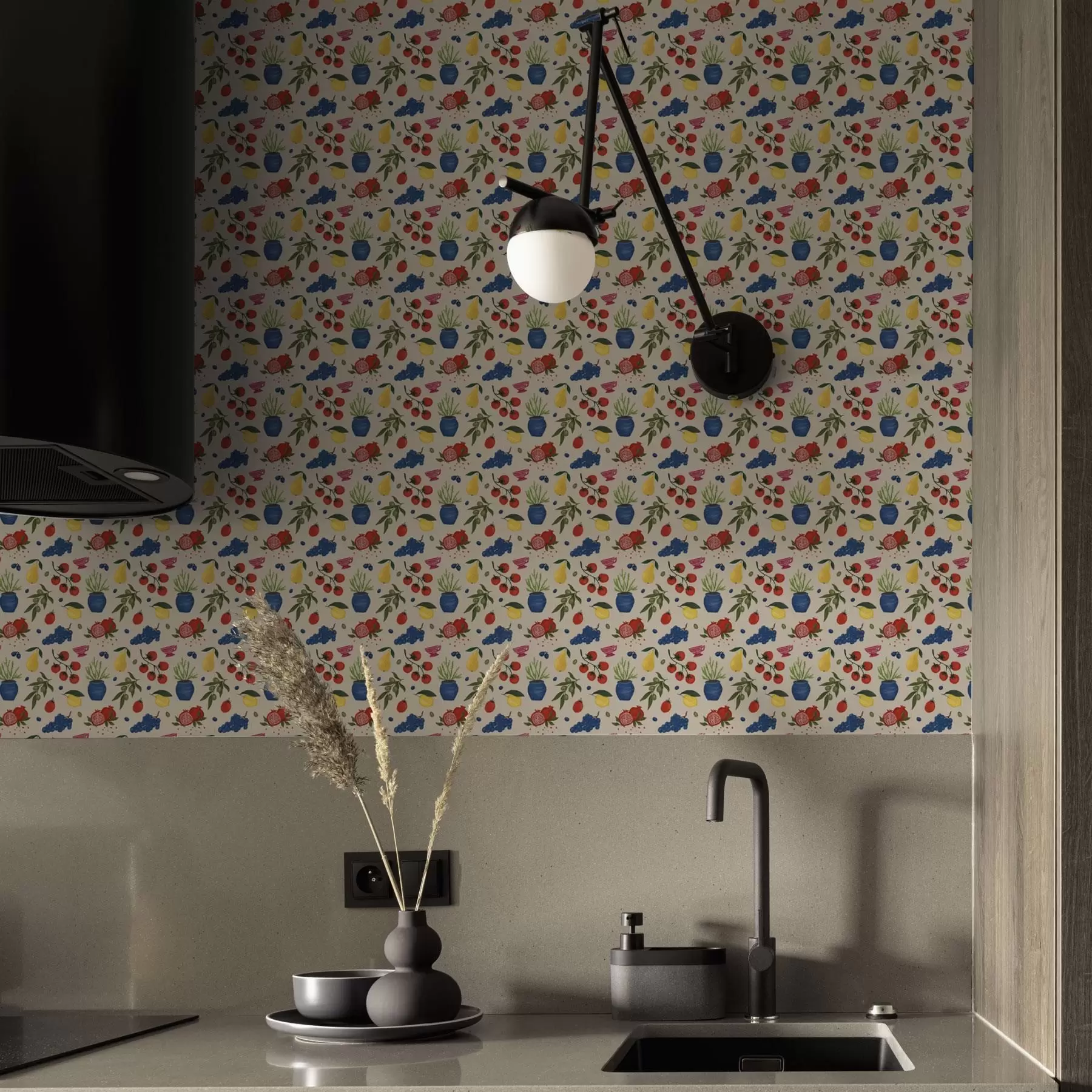 stenske poslikave Živahen vzorec s sadjem, vejami in vazami a00637