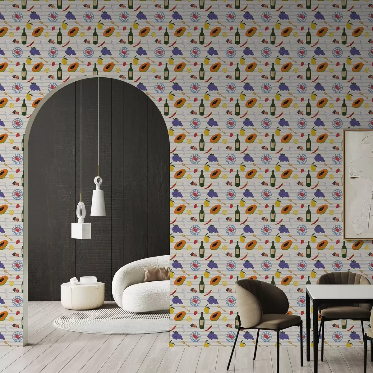 Ozadje Kuhinjska slika s sadjem, kozarci in krožniki a00638