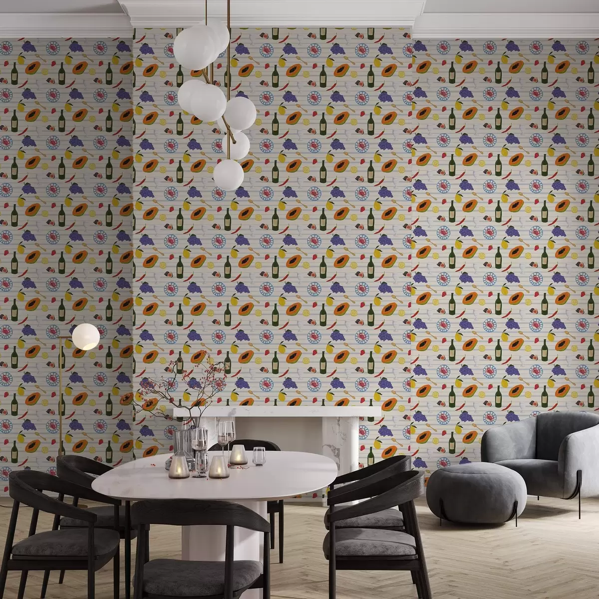 Ozadje Kuhinjska slika s sadjem, kozarci in krožniki a00638 Ozadje Kuhinjska slika s sadjem, kozarci in krožniki a00638