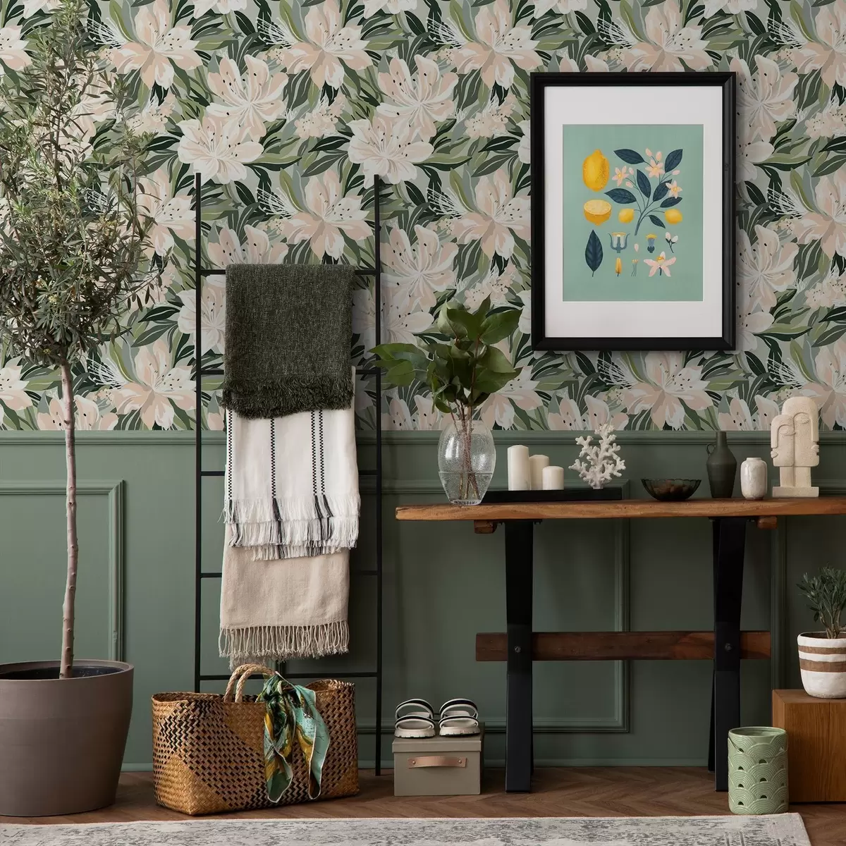 Ozadje Veliki kremasti cvetovi na svetlo zelenem ozadju a00646