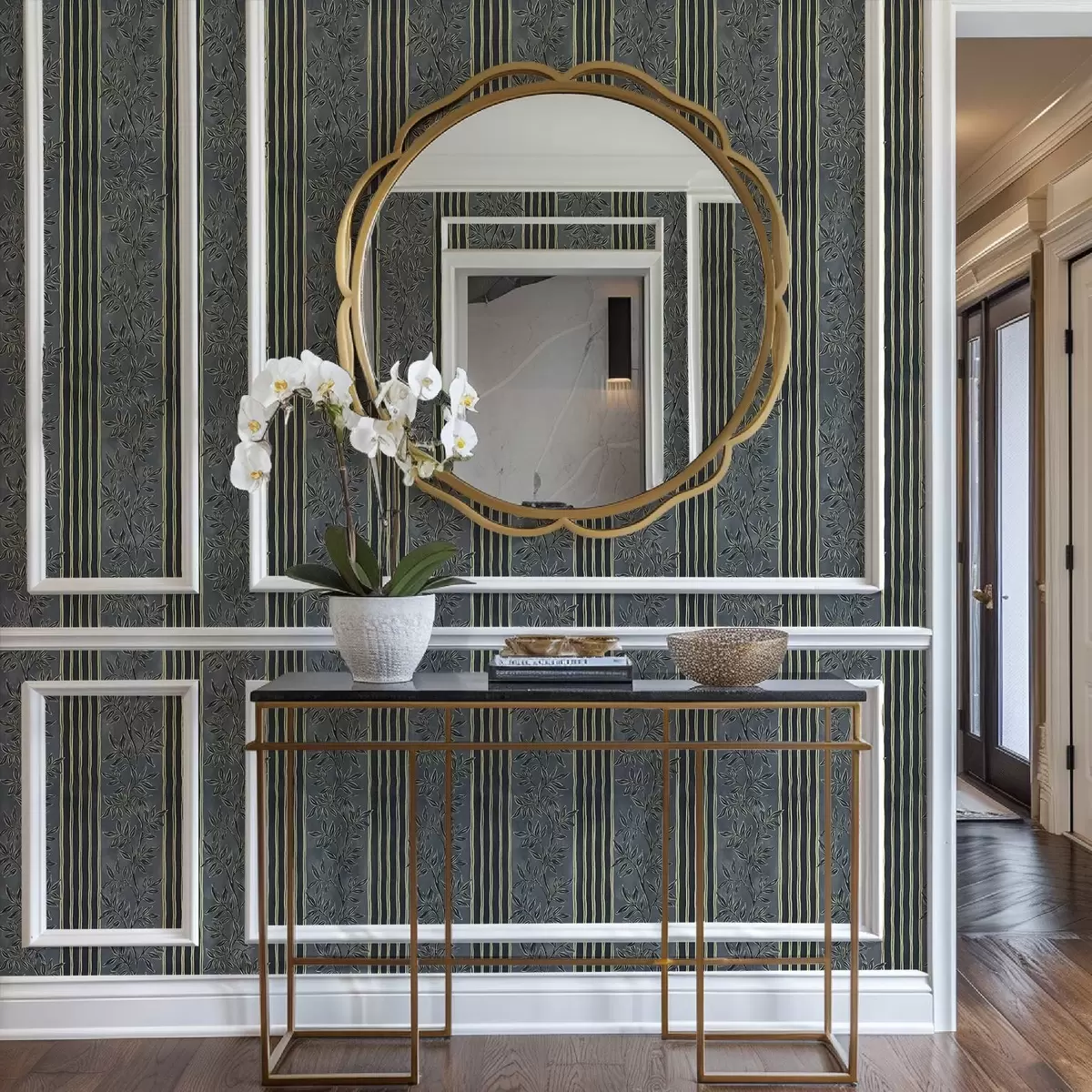 Ozadje Vertikalne črte z botaničnimi vzorci v temnih tonih a00648 Ozadje Vertikalne črte z botaničnimi vzorci v temnih tonih a00648