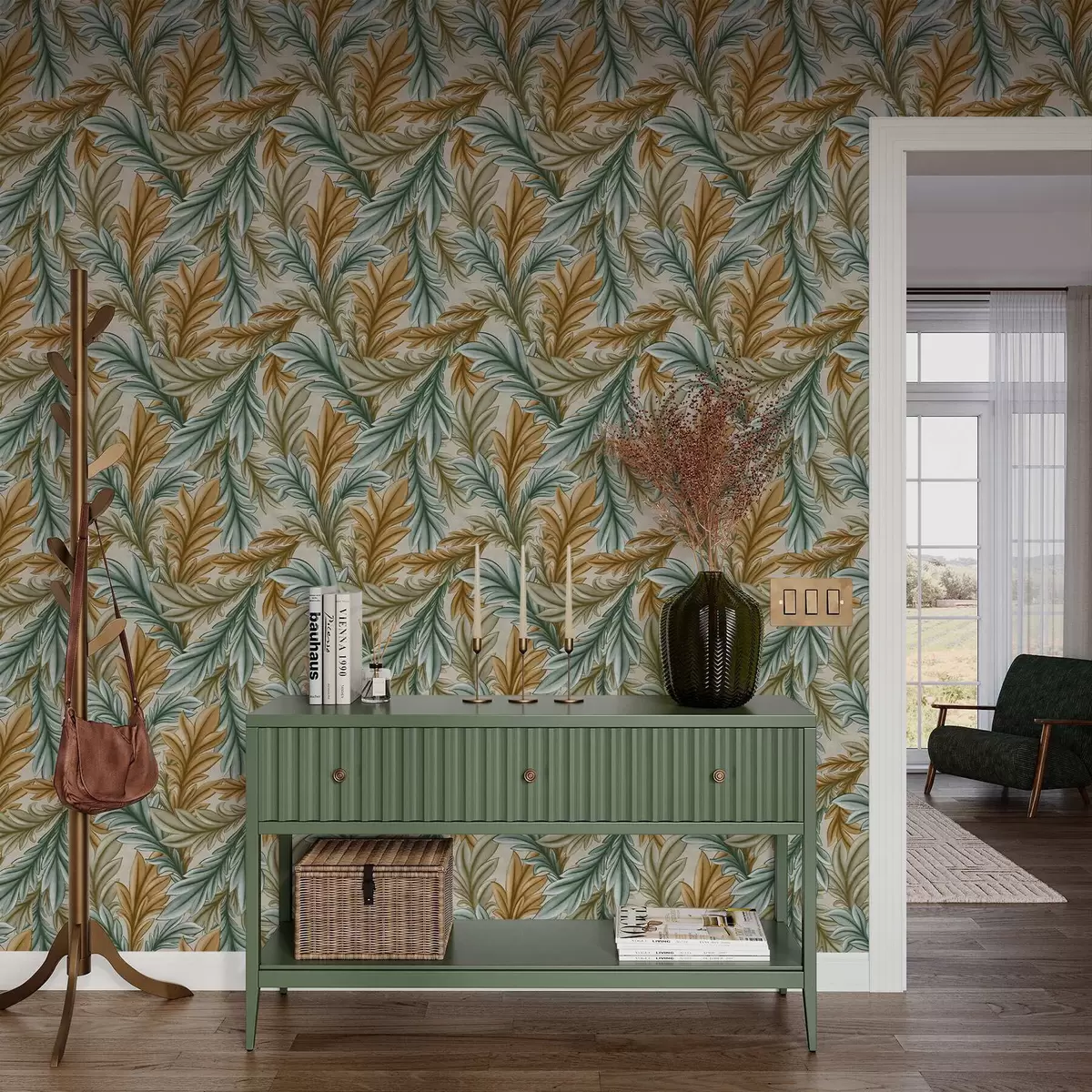 Ozadje Dekorativno listje v topli paleti okra in zelene barve a00673 Ozadje Dekorativno listje v topli paleti okra in zelene barve a00673