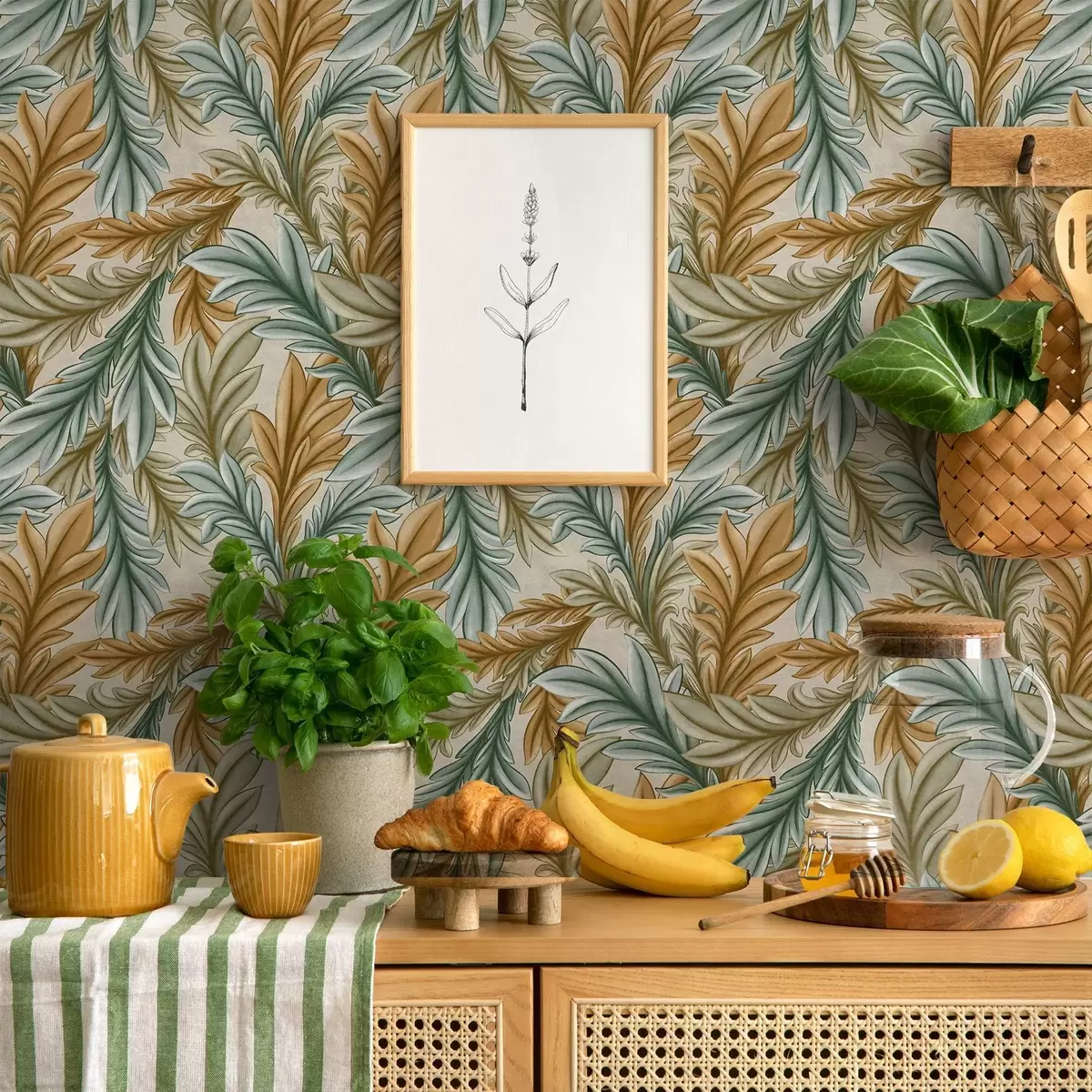 Ozadje Dekorativno listje v topli paleti okra in zelene barve a00673