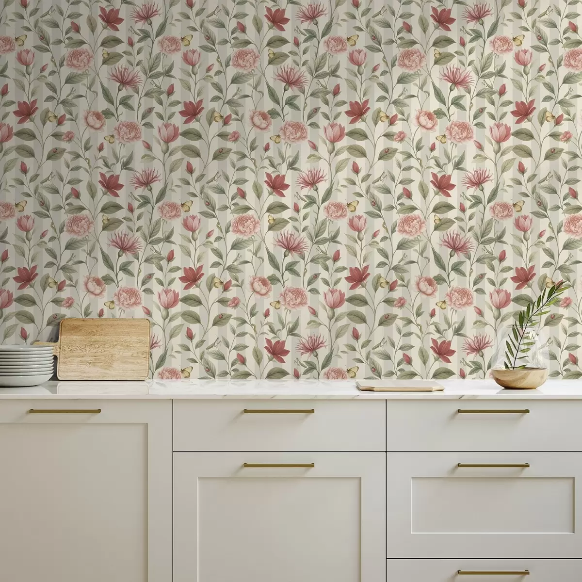 Ozadje Cvetna stebla z metulji na svetlem ozadju a00698