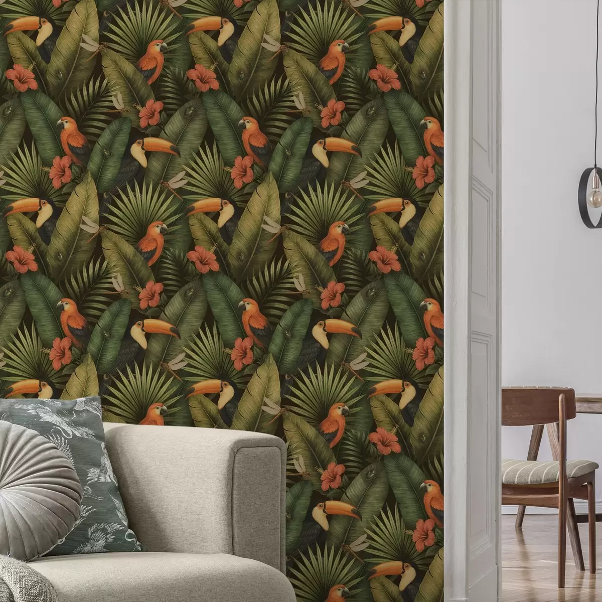 Ozadje Tukan in papige med tropskim listjem in cvetjem a00702