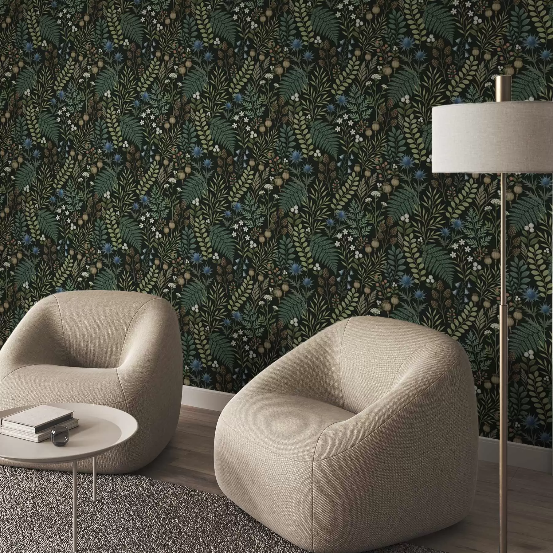 stenske poslikave Poljska trava, jagode in semena na temnem ozadju a00706