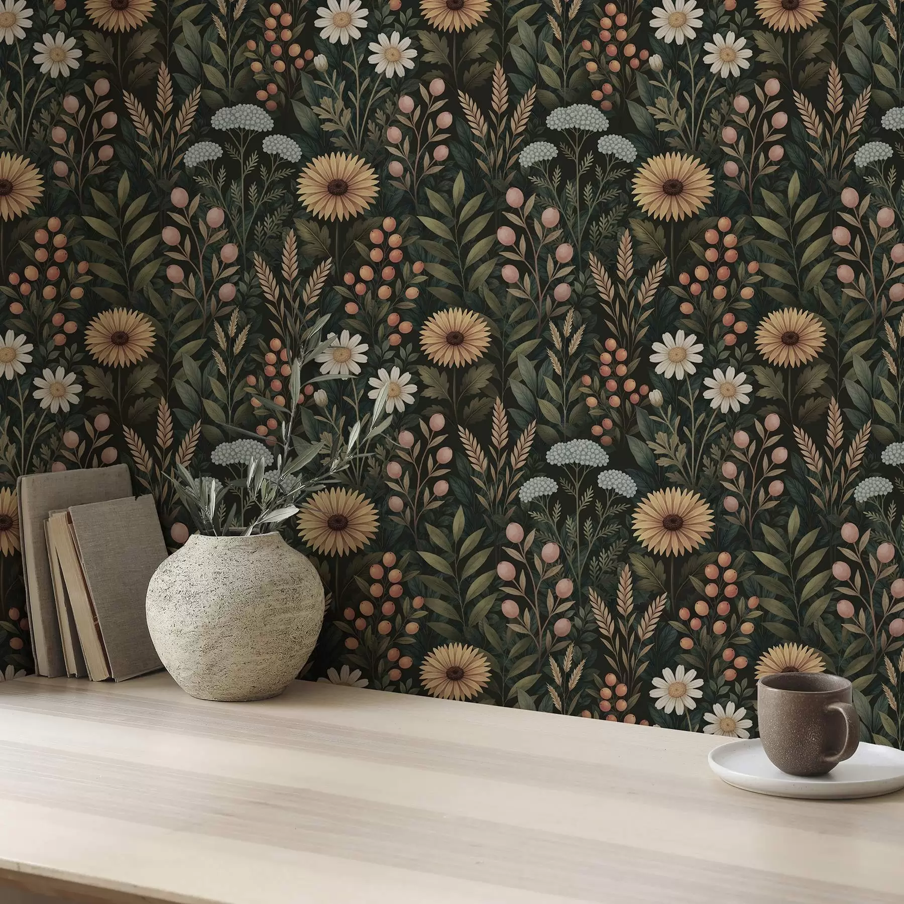 stenske poslikave Divje rože in jagode na temnem ozadju, naravni ornament a00707