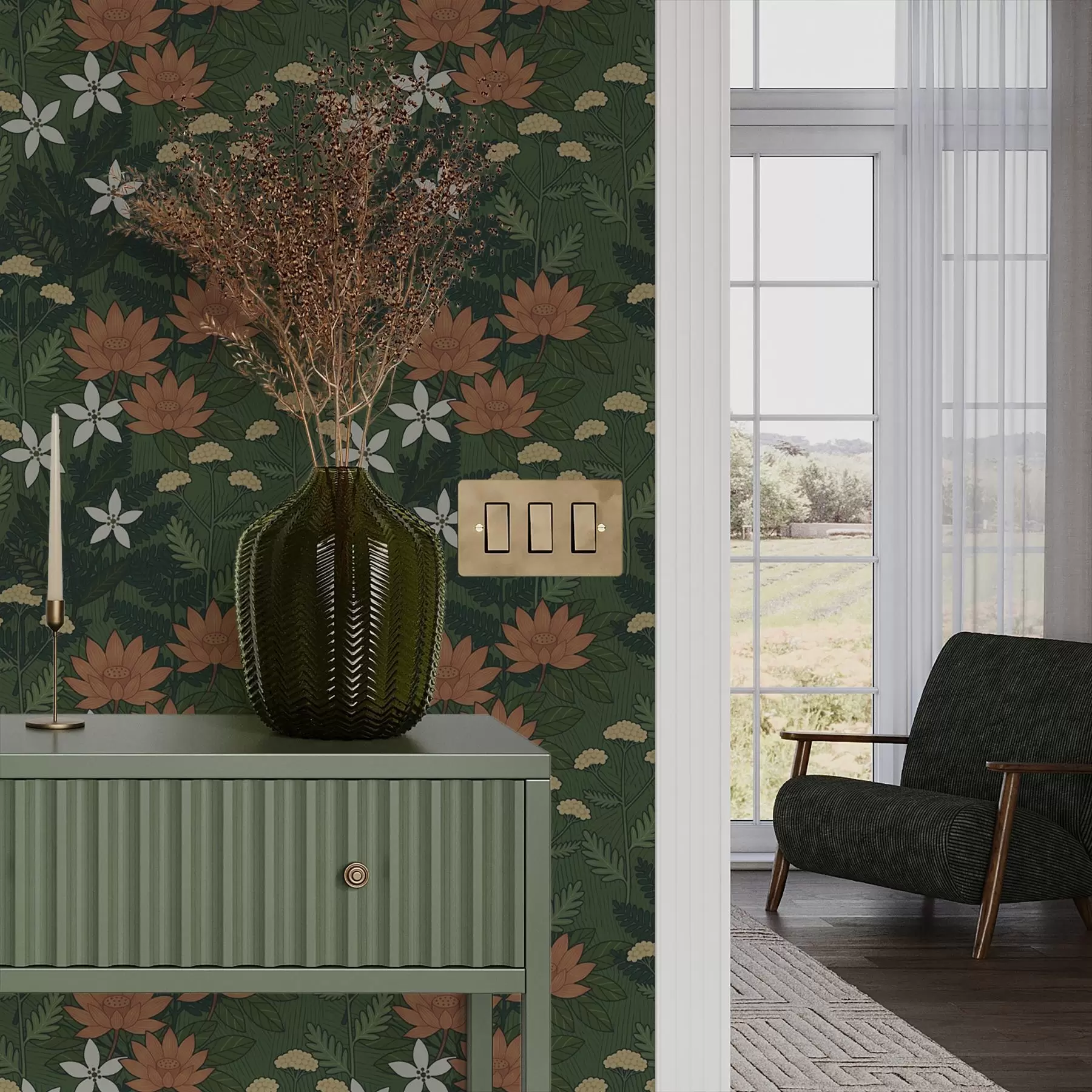 stenske poslikave Veliki cvetovi med zelenim listjem, dekorativna kompozicija a00708