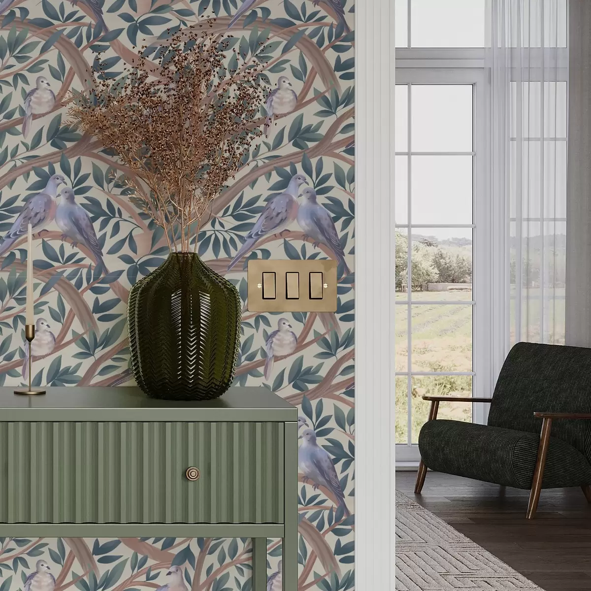 Ozadje Golobi med vejami in listi v nežni pastelnih barvah a00796 Ozadje Golobi med vejami in listi v nežni pastelnih barvah a00796