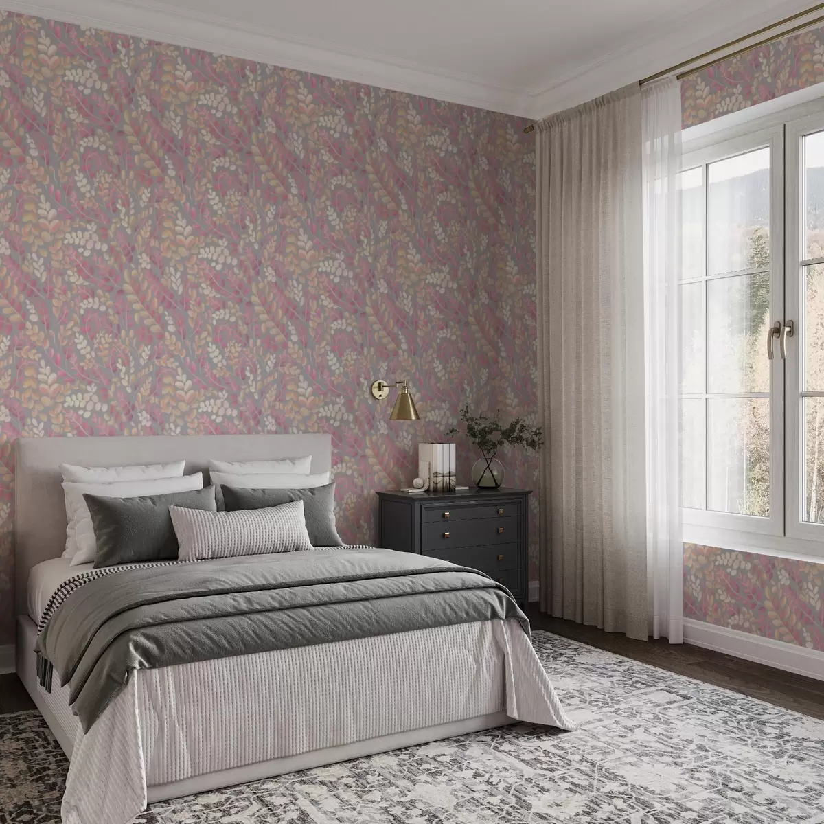 Ozadje Pastelne veje z rožnatim-breskovim listjem na sivem ozadju a00799v1