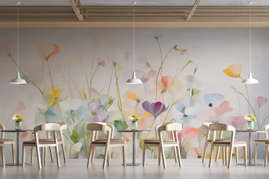 stenske poslikave Abstraktno polje barvitih cvetov z dolgimi stebli in zelenimi listi, teksturirano, pastelne, svetle barve w09466