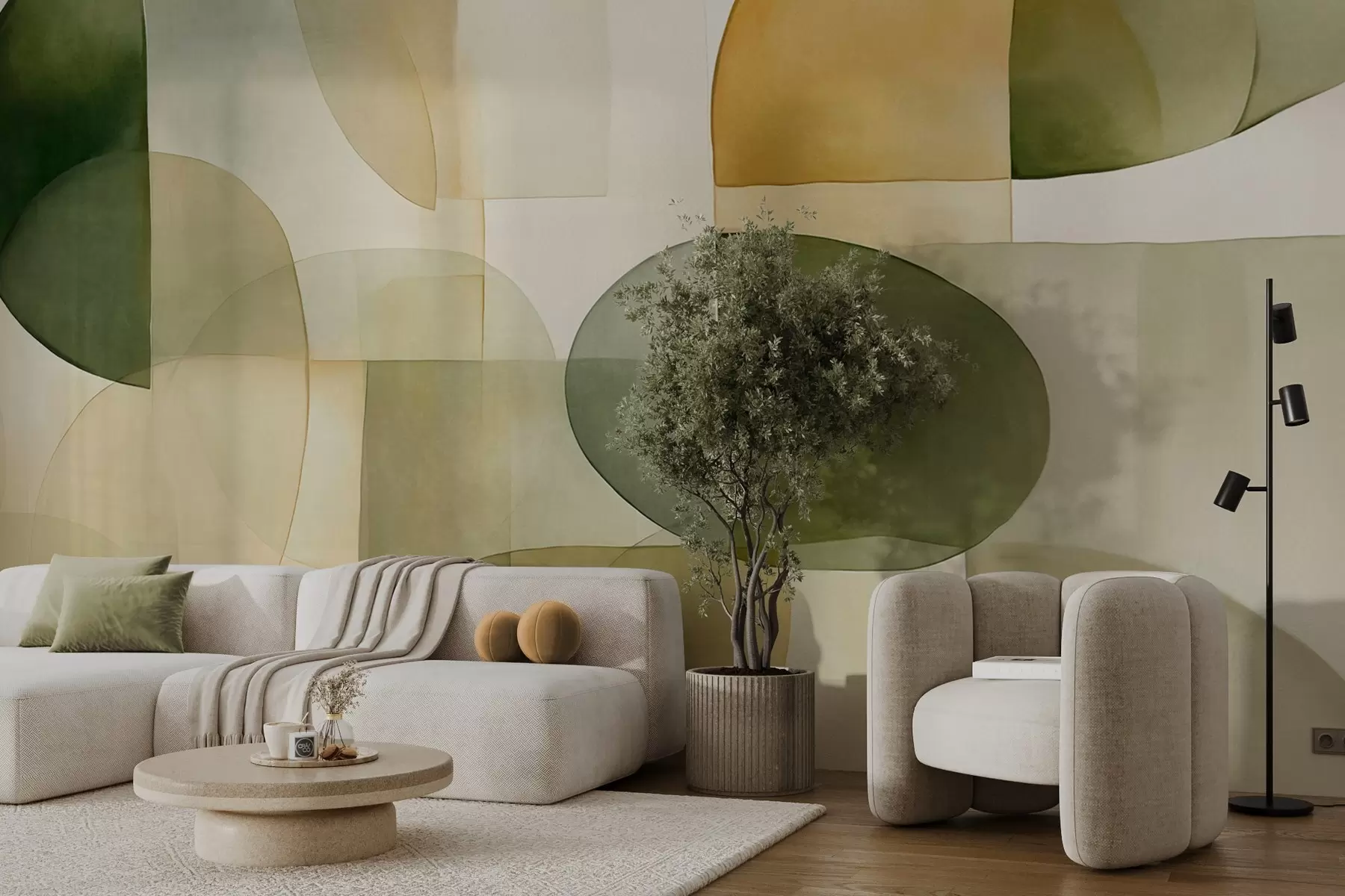 stenske poslikave Abstraktne teksturirane oblike v odtenkih zelene in rumene barve, pridušeni toni, minimalistična kompozicija, nevtralno ozadje w09467