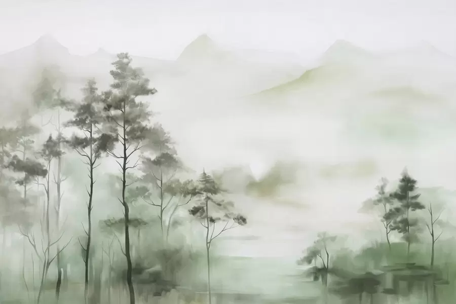 stenske poslikave Meglena pokrajina z visokimi drevesi in gorami v pridušenih zelenih in sivih tonih, minimalističen slog, teksturirana w09469