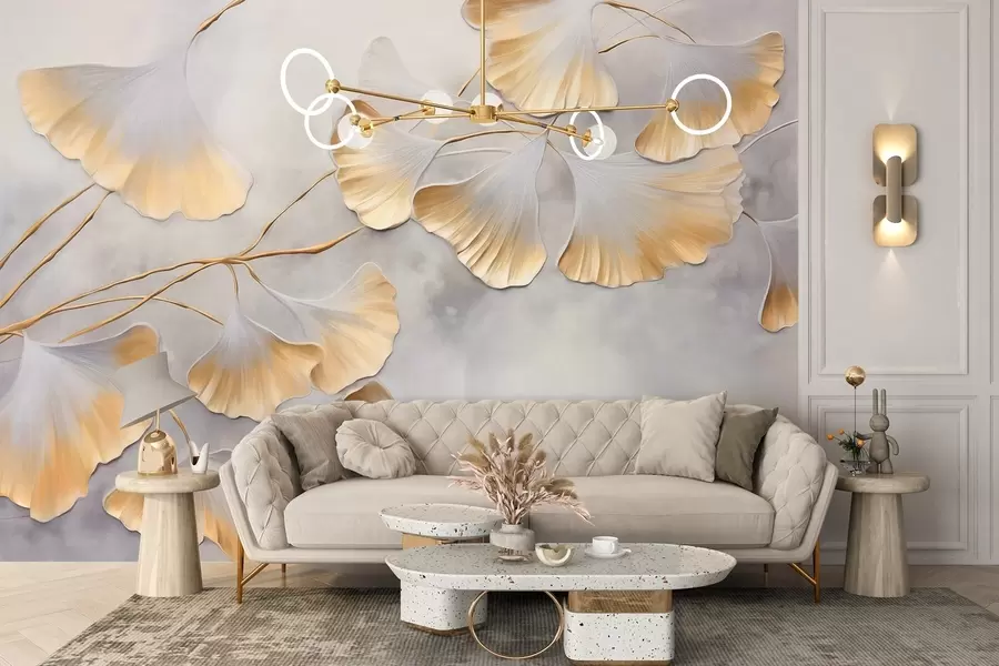 stenske poslikave Listi ginkga biloba z rumenimi robovi na veji, sivo teksturirano ozadje, eleganten in minimalističen dizajn w09472