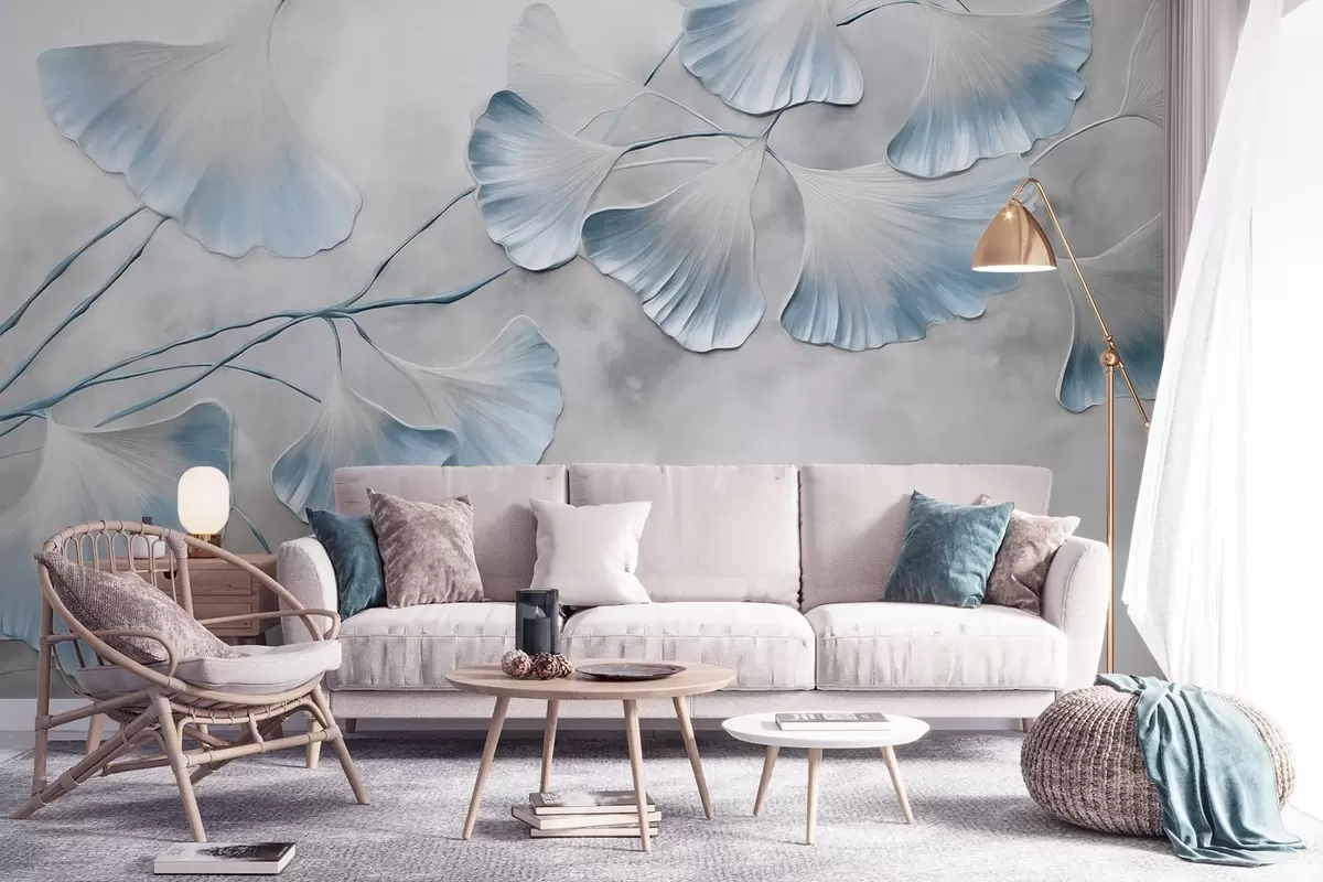 stenske poslikave Listi ginkga bilobe z modrimi robovi na veji, sivo teksturirano ozadje, eleganten in minimalističen dizajn w09472v1
