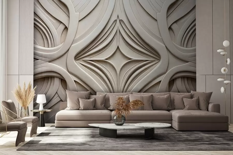 stenske poslikave Abstraktni simetrični teksturirani geometrijski potisk, svetlo bež barva, art deco stil, zapleteni detajli w09473