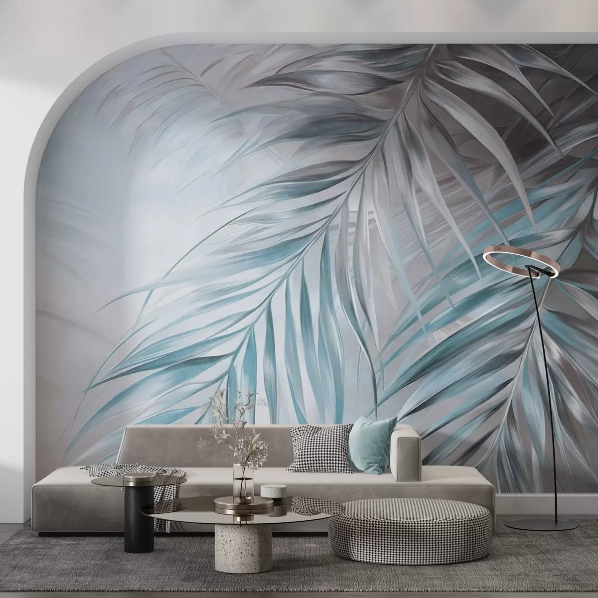 stenske poslikave Palmovi listi v sivih in modrih odtenkih, svetlo teksturirano ozadje z nežnimi barvami, eleganten tropski stil w09475v1