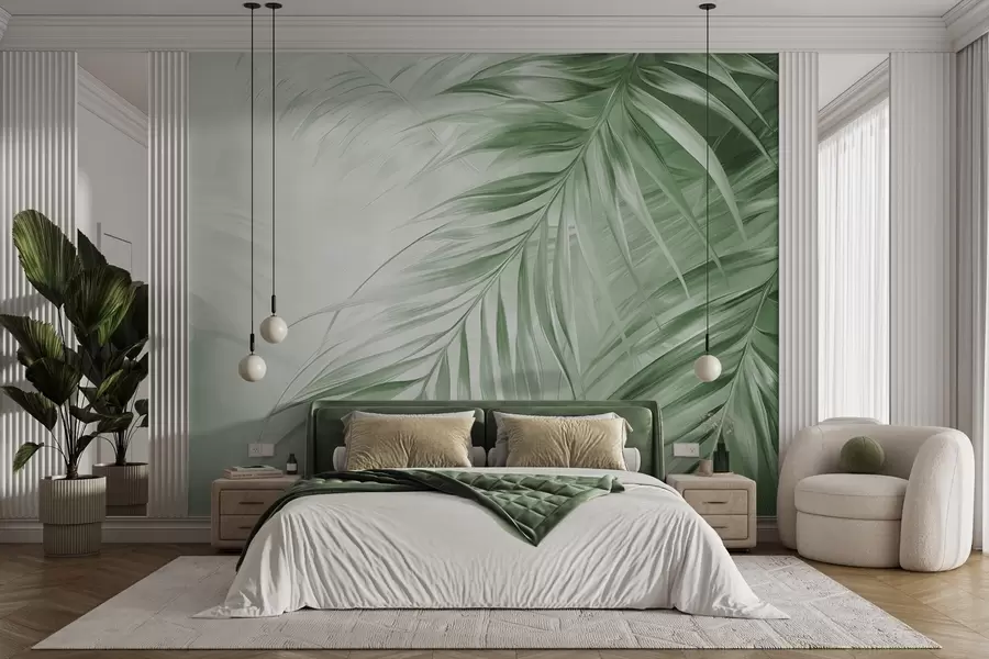 stenske poslikave Palmovi listi z zelenimi odtenki, svetlo teksturirano ozadje z nežnimi barvami, eleganten tropski stil w09475v2