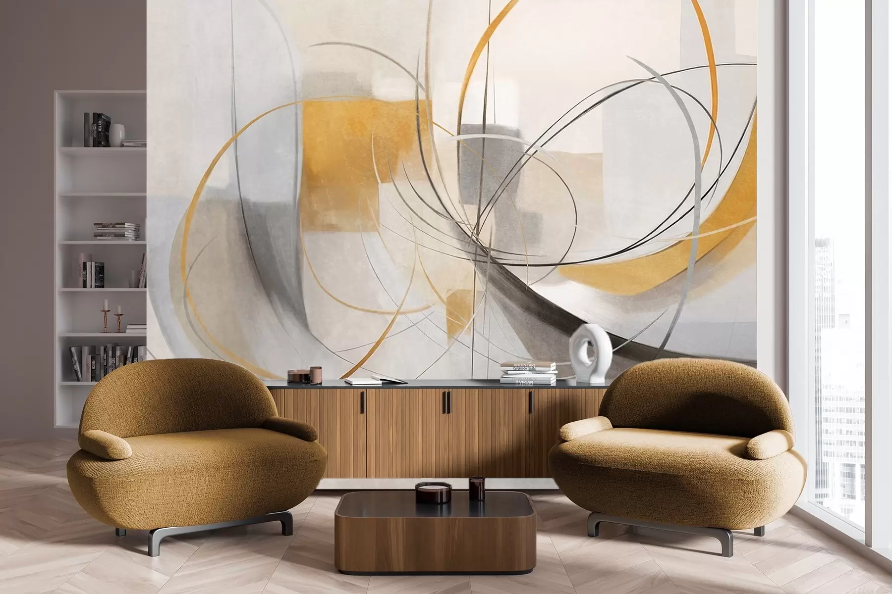 stenske poslikave Abstraktni teksturirani sodobni slikarski slog z ukrivljenimi črtami in geometrijskimi oblikami v odtenkih sive, bele in oranžne barve w09476