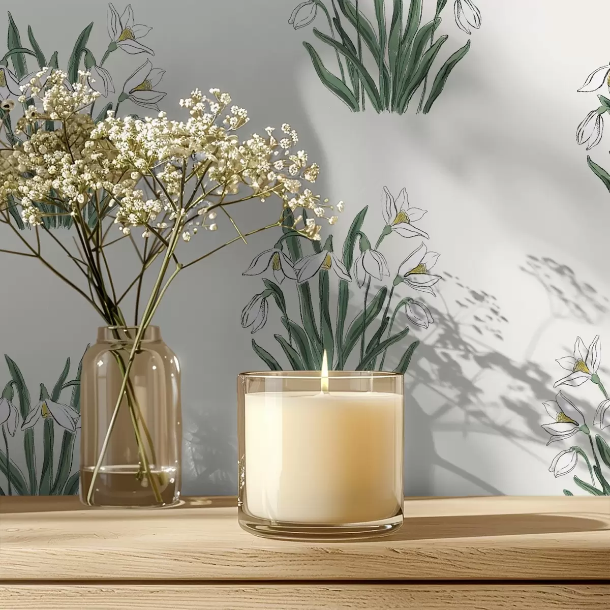 Ozadje Zvončki z zelenimi listi na svetlo sivem ozadju a00651v1 Ozadje Zvončki z zelenimi listi na svetlo sivem ozadju a00651v1