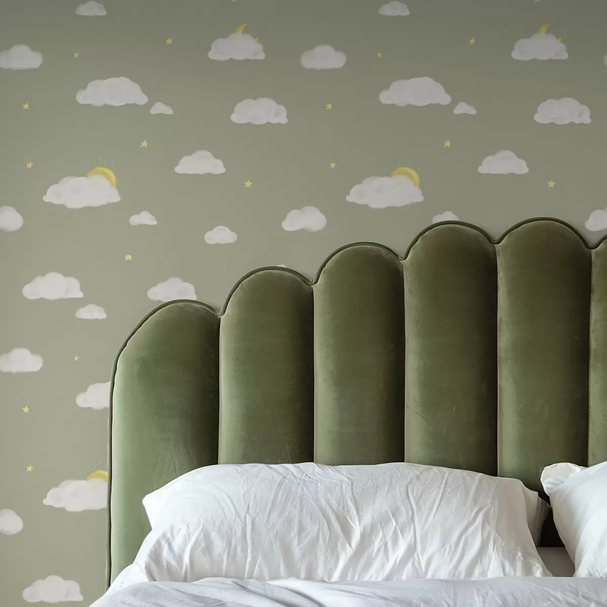 Ozadje Mehki oblaki, zvezde in sonce na zelenkasto sivem ozadju a00652v1 Ozadje Mehki oblaki, zvezde in sonce na zelenkasto sivem ozadju a00652v1