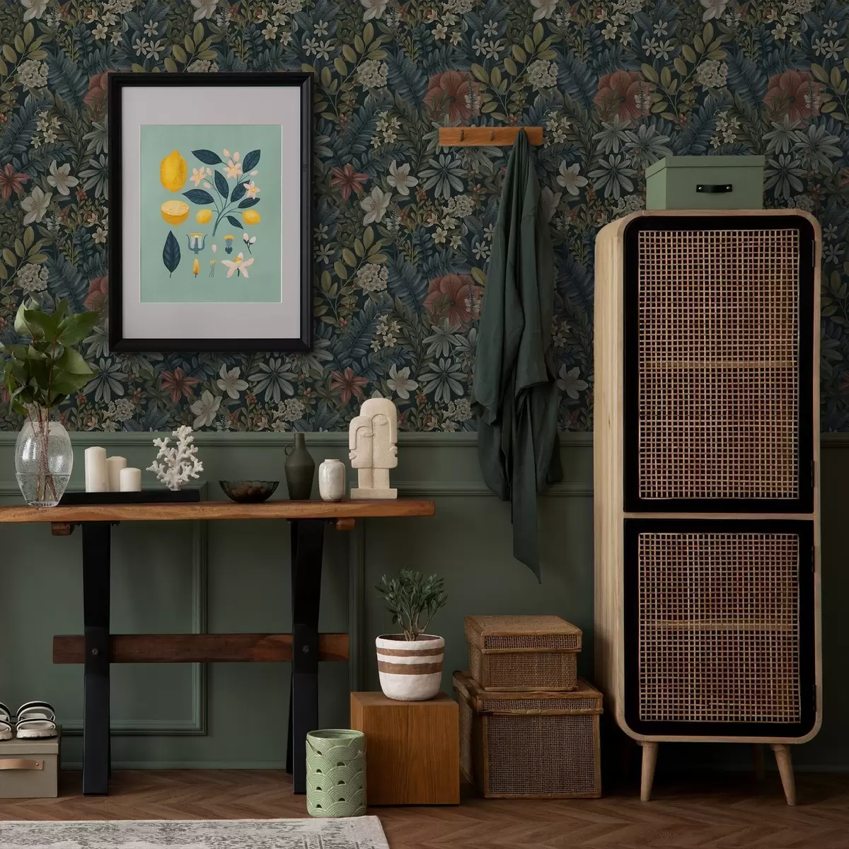 Ozadje Temno ozadje z gostimi cvetovi in listi v toplih barvah a00678