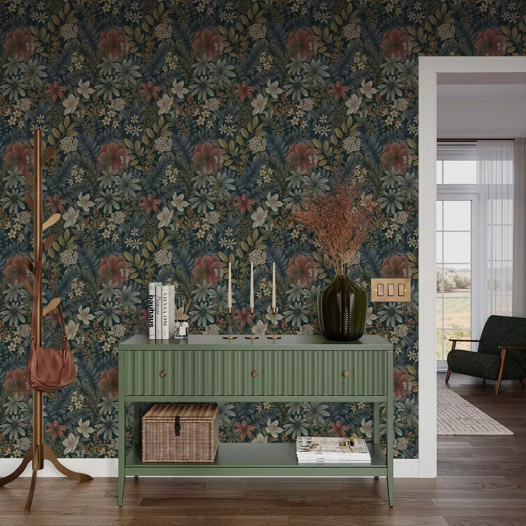 stenske poslikave Temno ozadje z gostimi cvetovi in listi v toplih barvah a00678