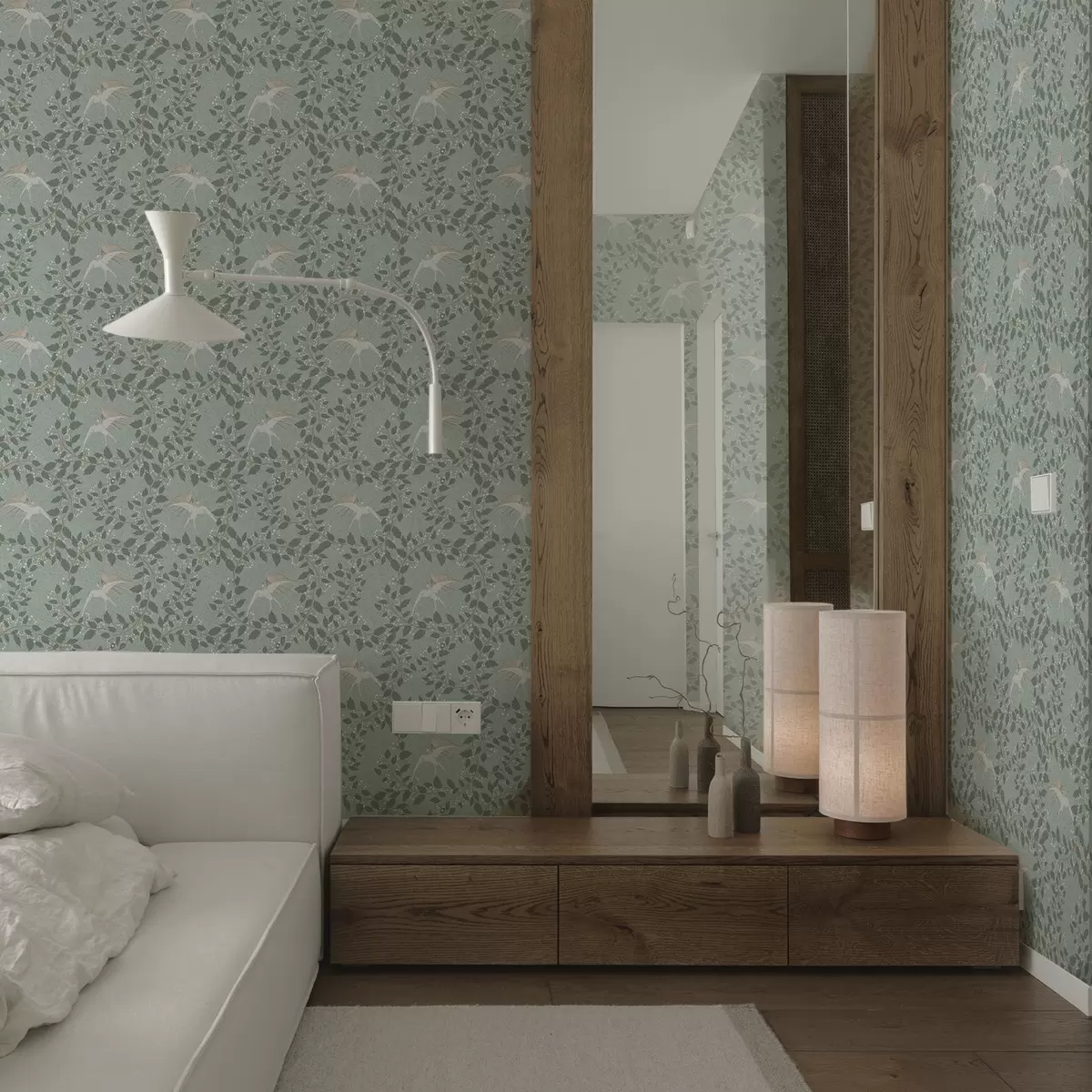 Ozadje Vejice z belimi jagodami in pticami na zelenem ozadju a00731