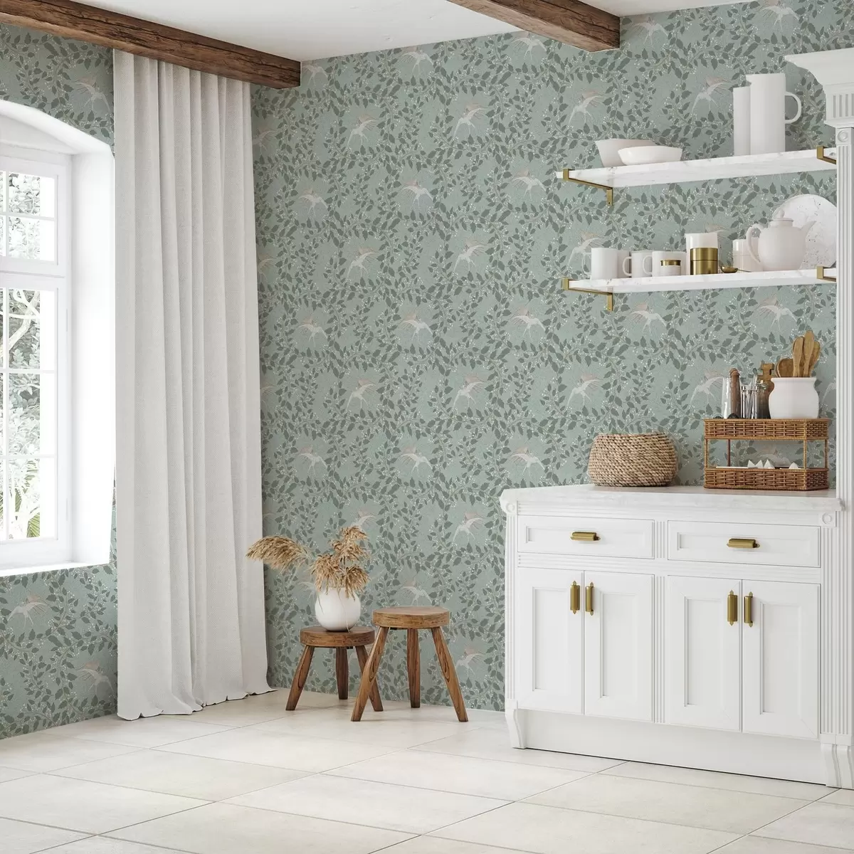 Ozadje Vejice z belimi jagodami in pticami na zelenem ozadju a00731