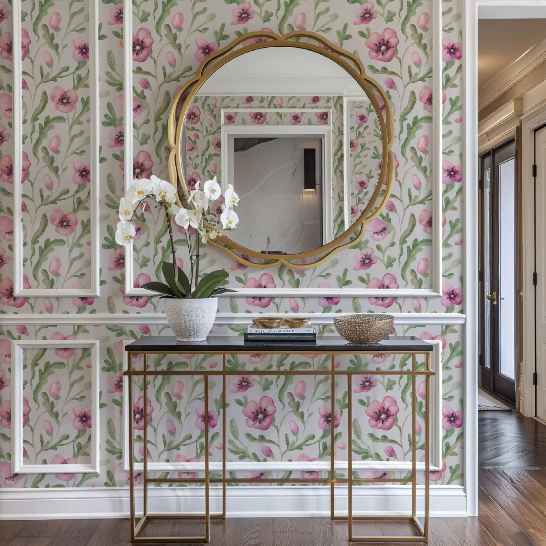 stenske poslikave Nežni rožnati makovi cvetovi z listi, naslikani v akvarelni tehniki a00830