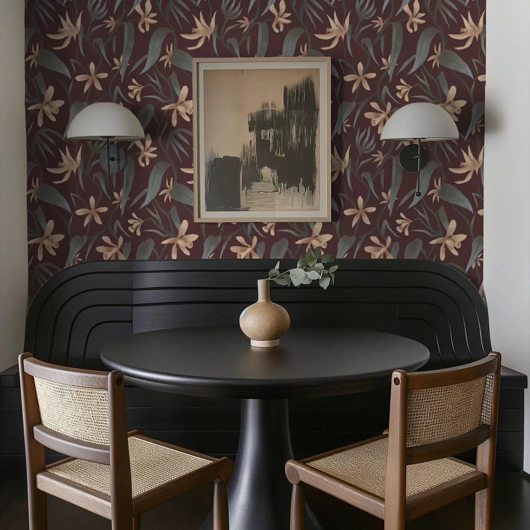 stenske poslikave Kremaste cvetove s sivimi listi na burgundskem ozadju a00833