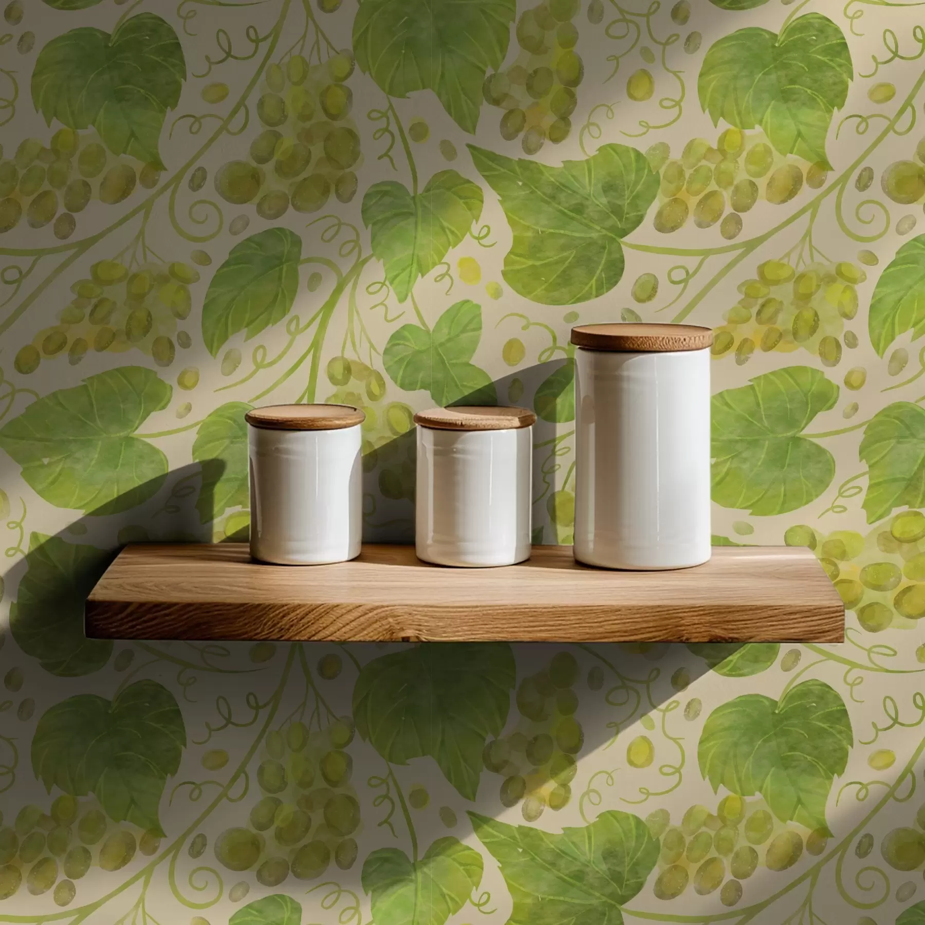 stenske poslikave Grozdje in zelene liste na svetlem ozadju a00834