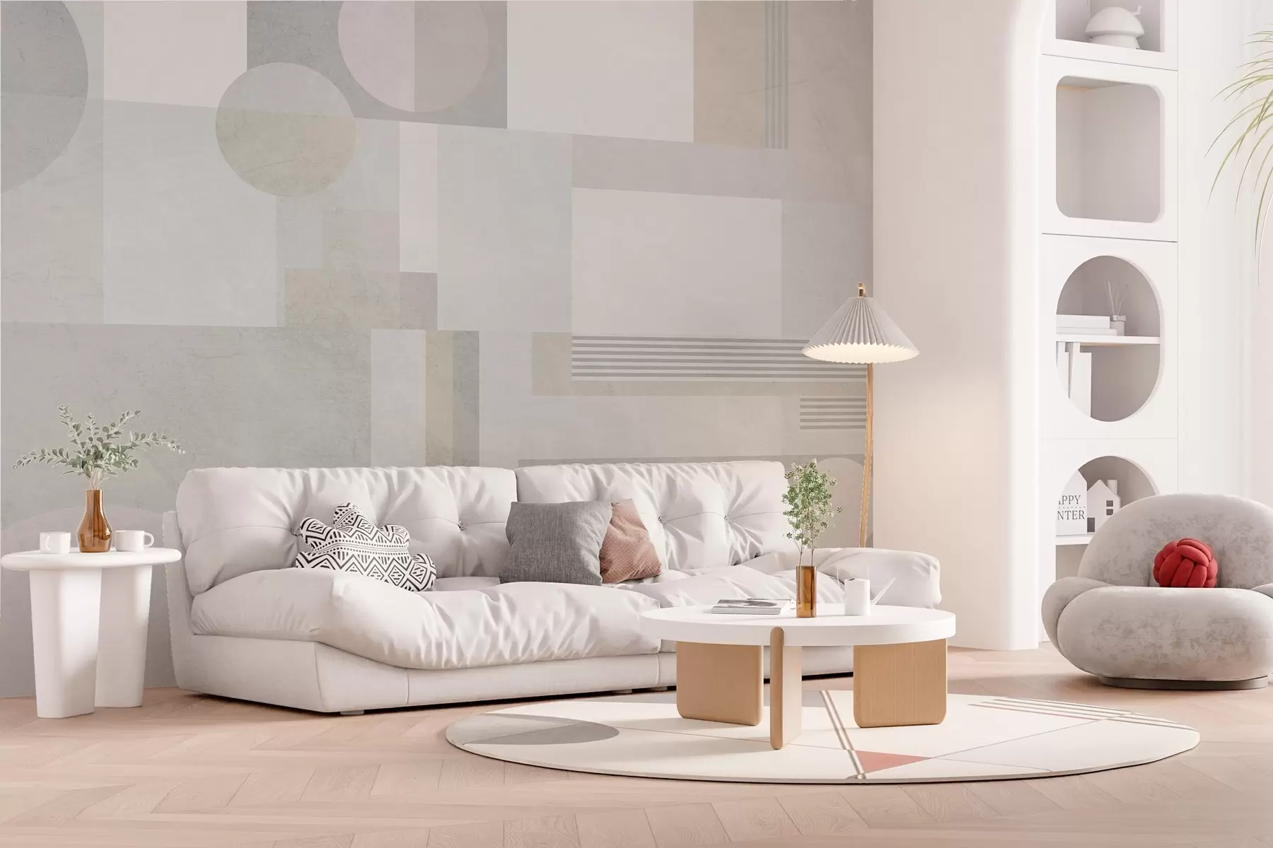 stenske poslikave abstrakna geometrija v sivih in bež odtenkih w04635
