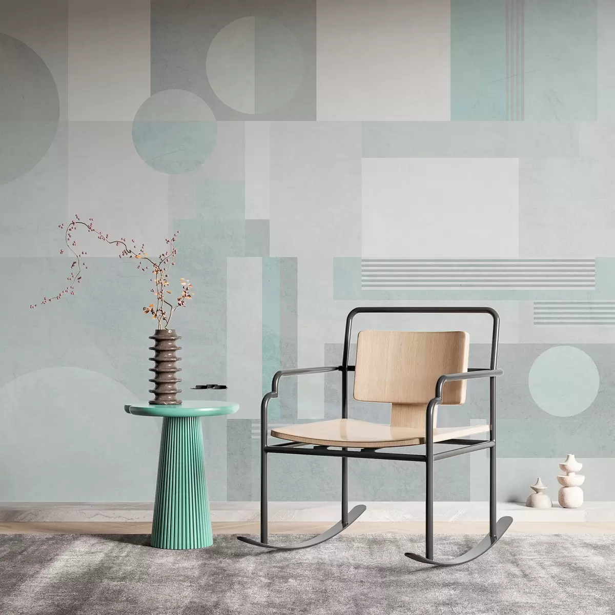 stenske poslikave abstraktna geometrija v sivo-zelenih odtenkih w04635v3